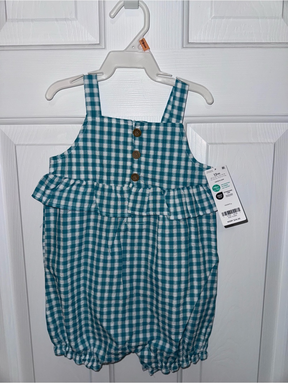 Carter's Teal & White Gingham Bubble Romper with Ruffles